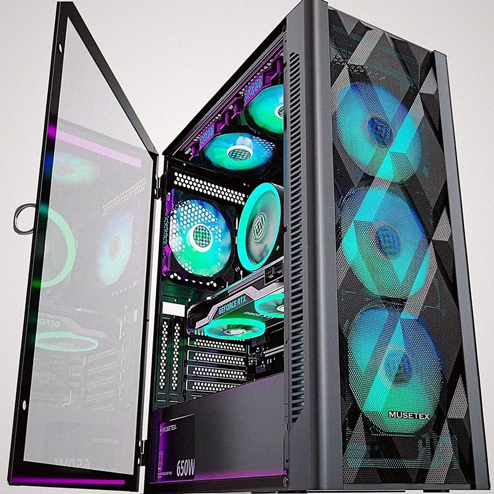 Gaming PC Gehäuse Midi Tower ARGB Lüfter Glas Seitenwand 6 PWM Schwarz
