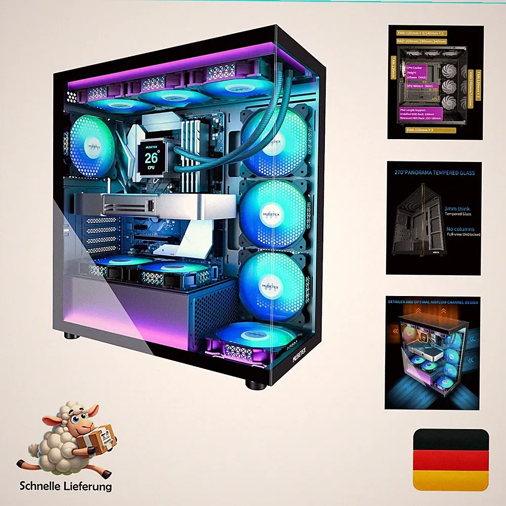 Musetex ATX PC Gehäuse K2 Schwarz Mid Tower mit 7 PWM ARGB-Lüftern Panorama-G...