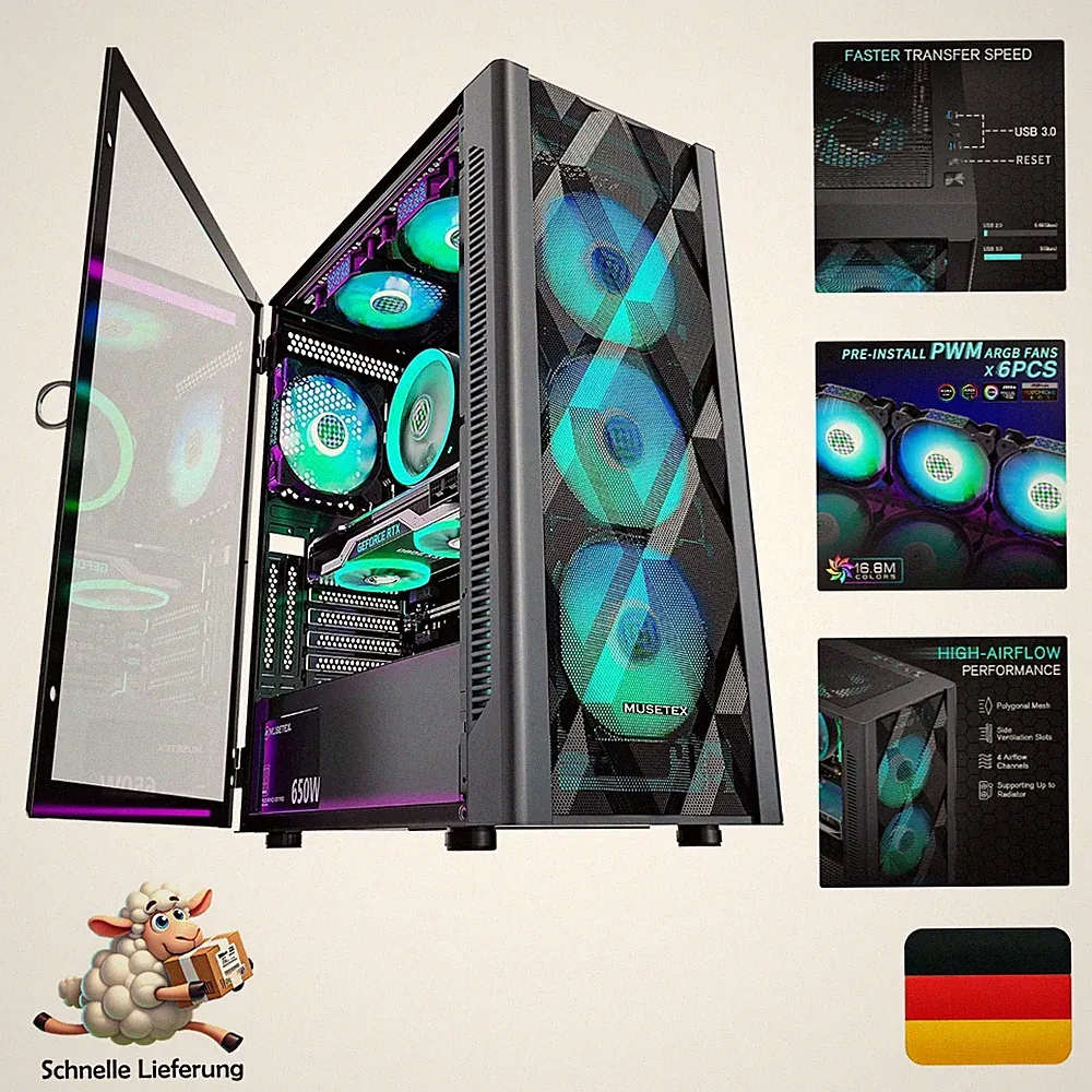 Musetex ATX PC-Gehäuse Mid-Tower mit 6 PWM ARGB Lüftern, Glas-Seitenwand, Mes...