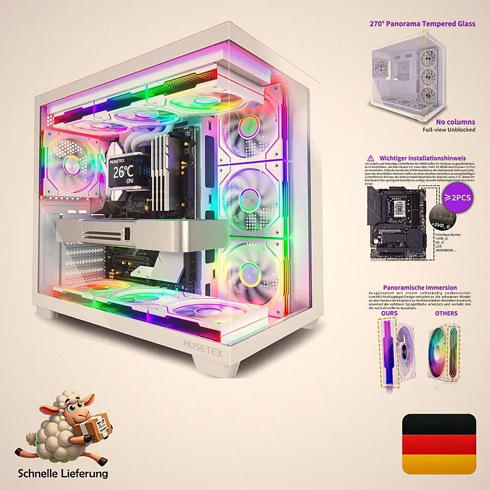 Musetex Y6 PC Gehäuse ATX Midi-Tower mit 7 Infinity Mirror RGB-Lüftern, Full...