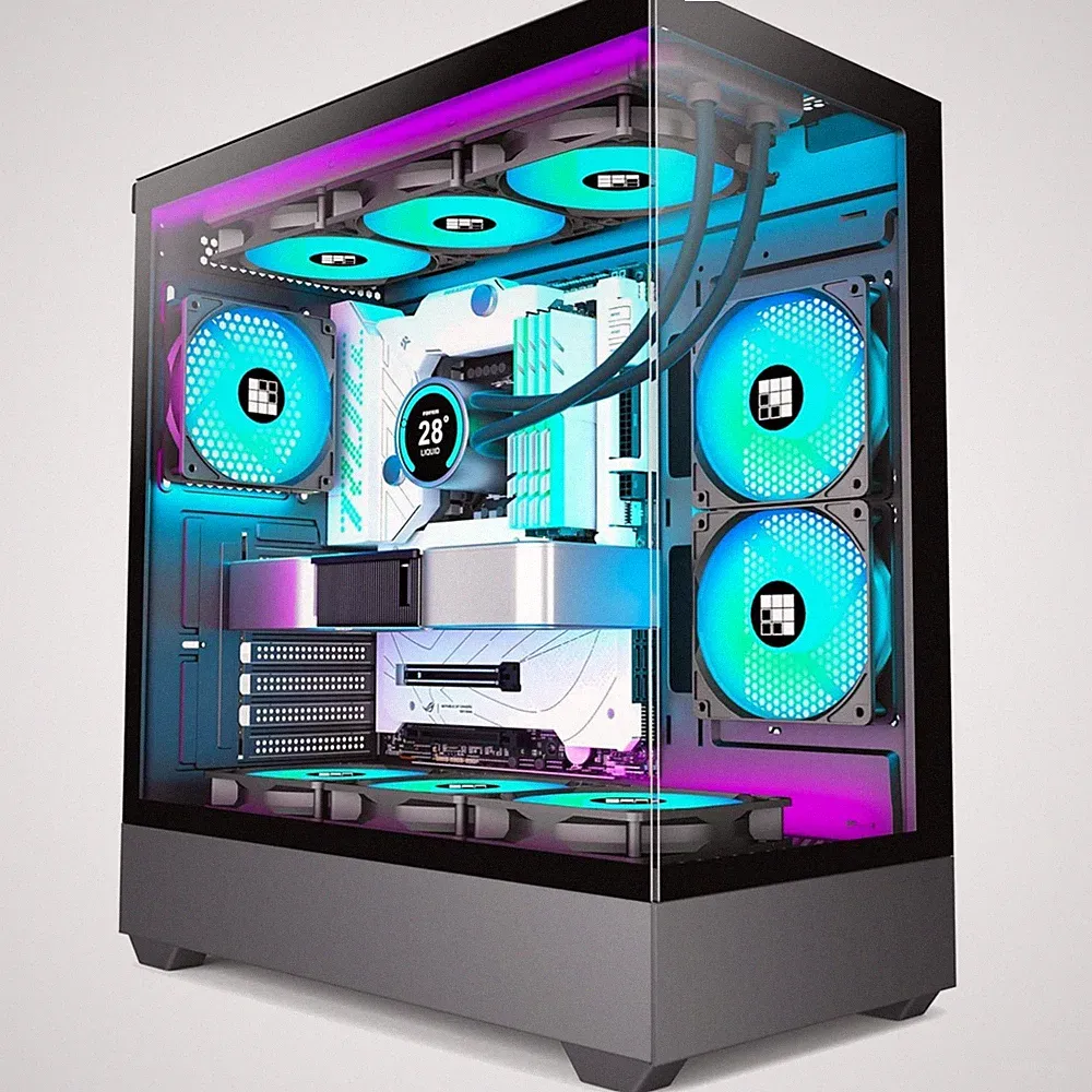 PC Gehäuse ATX, Gaming, Midi-Tower, ARGB Lüfter, 360mm Wasser, Hartglas