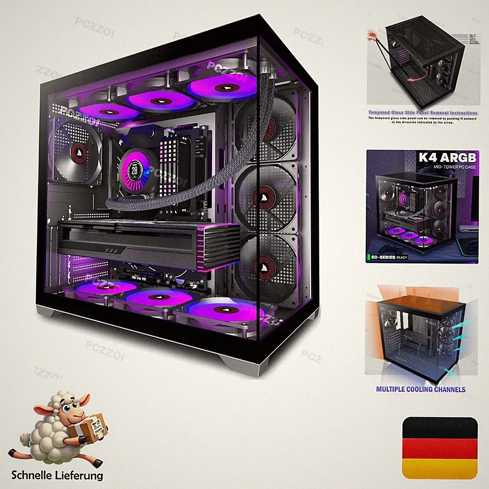 PC Gehäuse ATX Mid Tower mit 4 Lüftern - Elegant in Schwarz mit Glas-Seitenteil