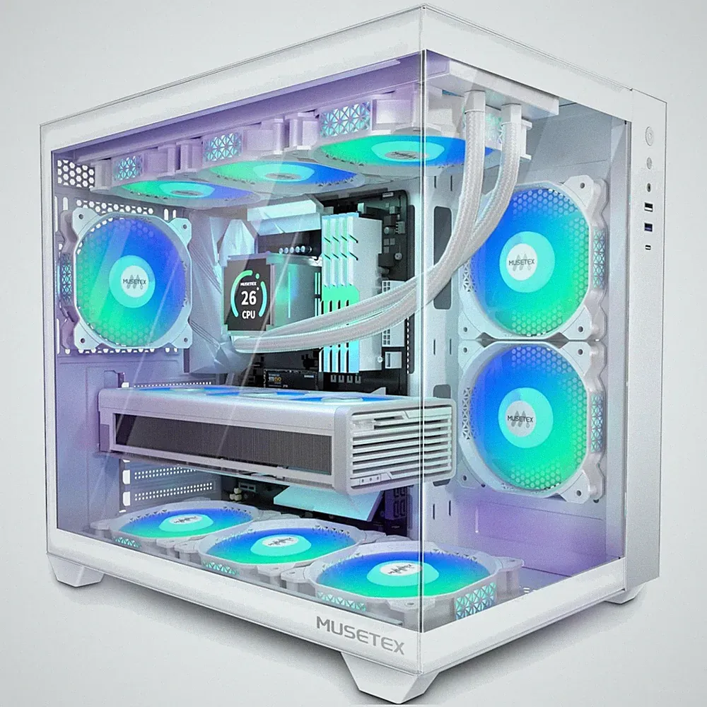 PC Gehäuse ATX weiß 6 PWM ARGB Lüfter 360mm Wasserkühlung Sichtfenster