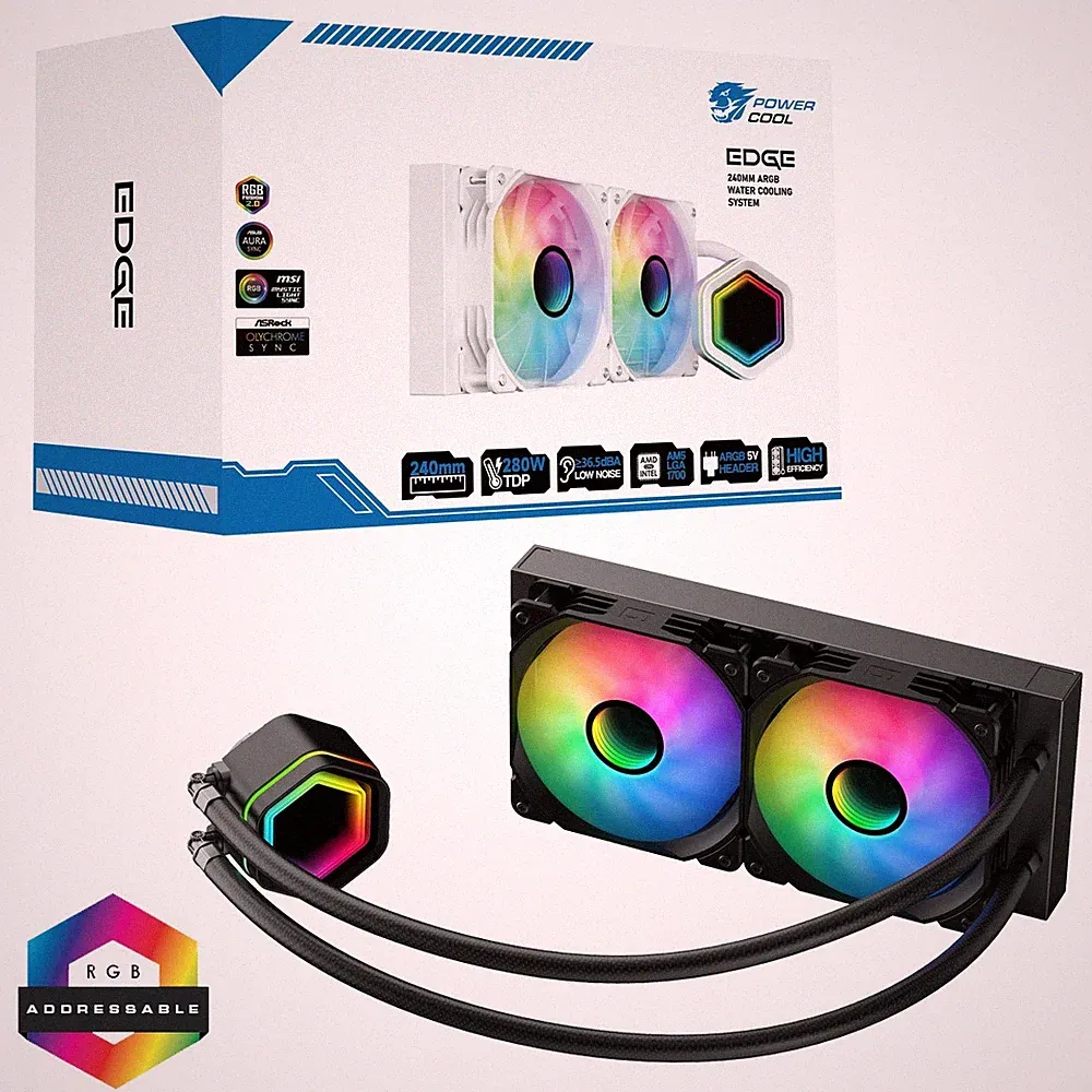 PowerCool Edge schwarz ARGB 240mm Intel AMD AIO CPU Wasser Flüssigkeitskühler Infinity