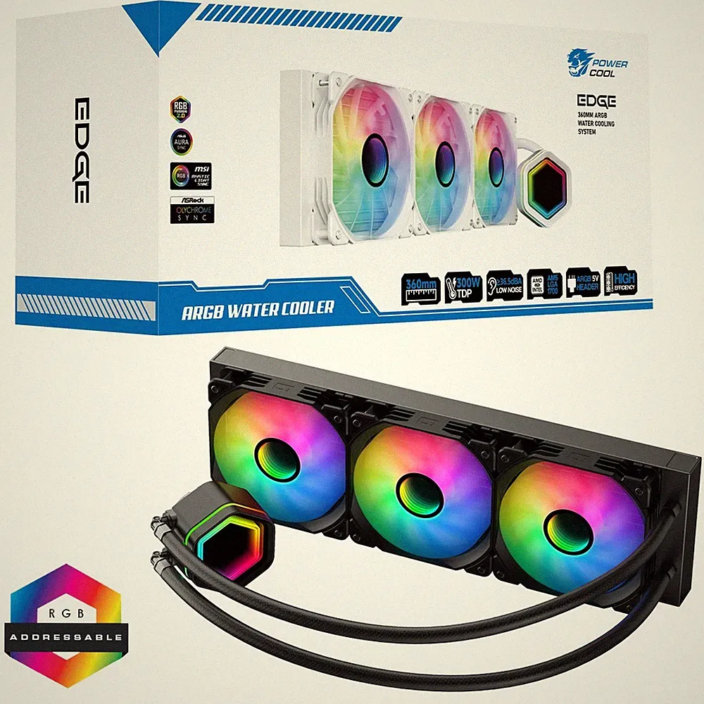 PowerCool Edge schwarz ARGB 360mm Intel AMD AIO CPU Wasser Flüssigkeit Kühler Infinity
